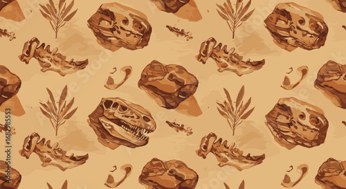 Seamless pattern of dinosaur fossils and rocks with earthy tones