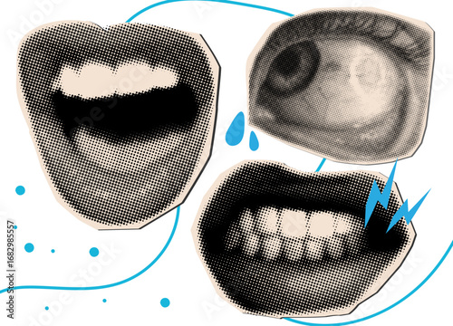 Trendy halftone collage,mouth of a very angry human and fears eyes with tears,modern collage cut out elements