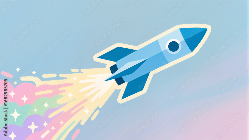 Naklejka premium Rocket soaring through pastel skies in a burst of vibrant colors