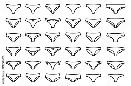 A set of women's underwear icons in black and white with a contour design. The icons depict different models of underwear, including classic, with bows, with decorative details and different necklines