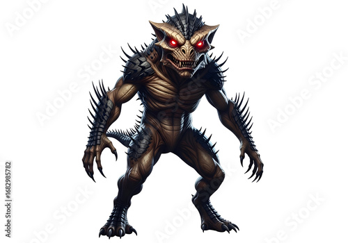 A formidable, stylized creature with menacing red eyes commands the image.