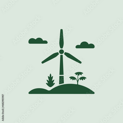 Illustration of a green windmill on a hill with trees and clouds, representing renewable energy, sustainability, and environmental conservation, in a simple and modern design