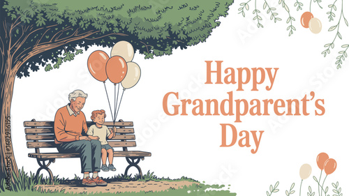 A grandfather and grandchild sitting on a park bench under a tree with balloons for grandparent's day