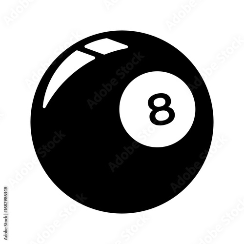Vector illustration of a billiard 8 ball icon in black and white style. Simple flat design suitable for logo, symbol, or graphic element.