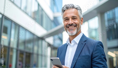 A smiling, mature man with grey hair, in a blue suit, holds a smartphone against an out-of-focus, modern glass building on a bright day