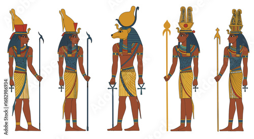 Ancient egyptian deities: detailed flat style artistic representation