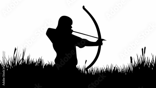 Silhouette of archer aiming bow and arrow with grass in foreground against a white background scene