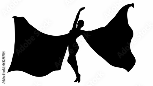 Silhouette of a woman in a dynamic pose with flowing fabric against a white background in a stark contrast