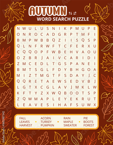 Autumn word search puzzle game on a leaves background worksheet. Printable family activity for fall season. Educational game for children and adults, learning English vocabulary