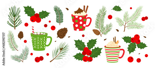 Christmas decor icon. Holly berry, winter tree, fir, pine cone, mistletoe, leaf branch needle, evergreen plant. Holiday cup hot chocolate. Xmas cartoon set isolated on white bg. Vector illustration