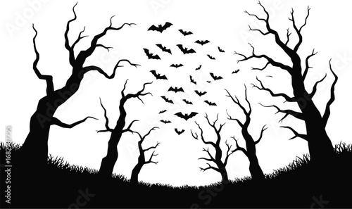 Spooky silhouette of a haunted forest with bats flying at dusk