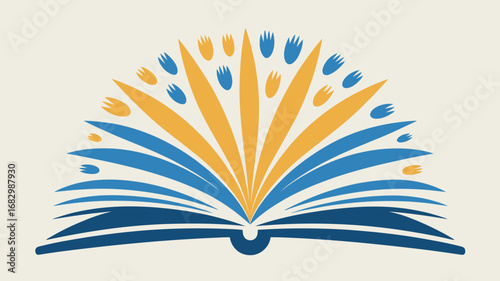 Stylized open book with radiating yellow and blue elements on a light background illustration art