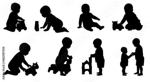 Silhouettes of babies playing with toys: joyful childhood moments in black and white