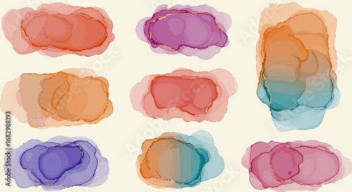 Vibrant alcohol ink art with gold accents and fluid shapes