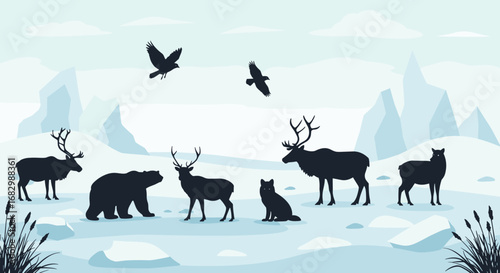 Silhouette wildlife scenery with arctic animals in snowy landscape
