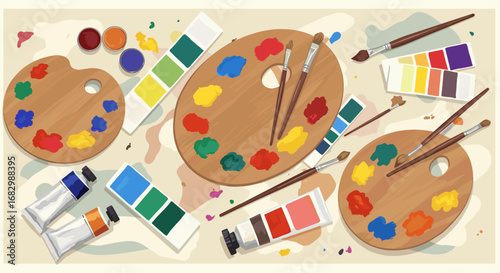 Creative art supplies with palettes and paint tubes in a flat design