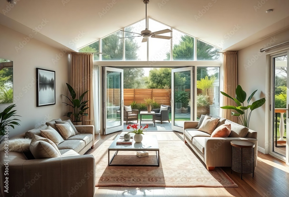 Fototapeta premium Sun-drenched modern living room, glass doors open to patio, apartment, view