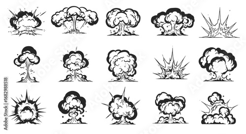 Collection of explosive and smoke burst designs for comic art