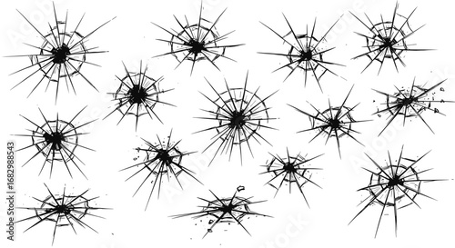 Realistic broken glass patterns set: shattered crack designs