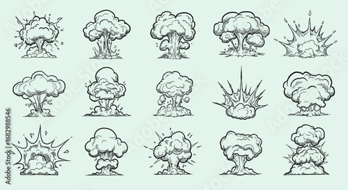 Hand-drawn explosions and mushroom clouds in vintage comic style
