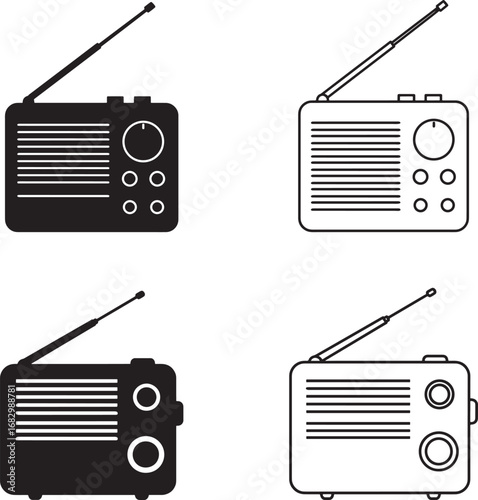 Vintage and modern radio designs in black and white silhouettes