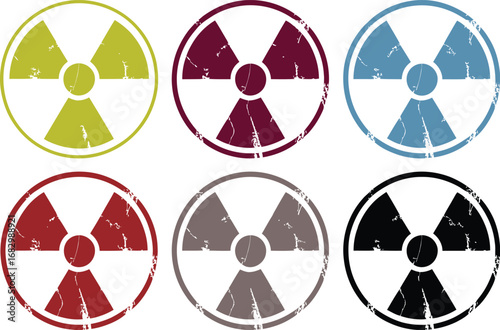 Set of six distressed radioactive symbols in various colors
