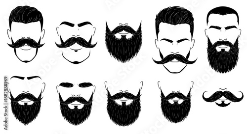 Stylish beard and mustache collection in black and white silhouette design
