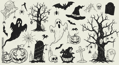 Spooky halloween elements: ghosts, pumpkins, bats, and haunted trees