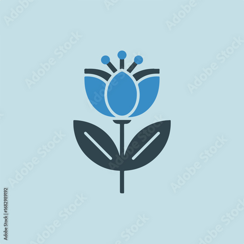 Stylized illustration of a blue flower with dark leaves, a decorative element for spring designs, botanical themes, and natureinspired artwork, perfect for adding elegance