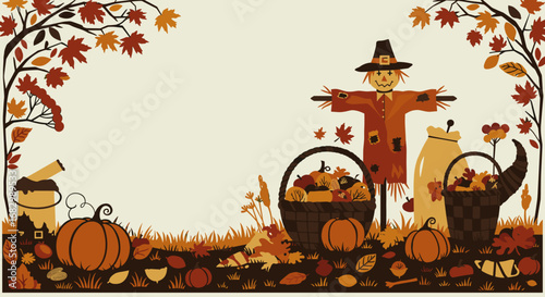Autumn harvest scene with scarecrow and pumpkins in colorful leafy field