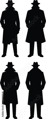 Four silhouettes of men in trench coats and hats