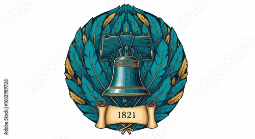 Vector artwork of Guatemala’s Independence represented through symbolic elements: Liberty Bell, quetzal feathers, parchment scroll of 1821, arranged in a luxurious circular composition