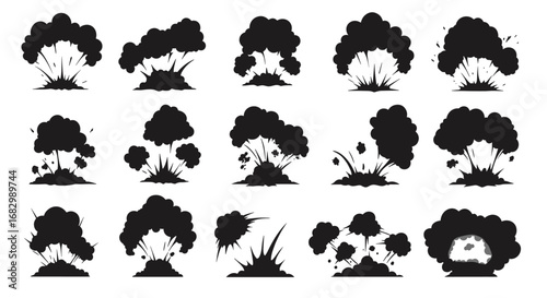 Explosive silhouette set: diverse smoke and blast impact designs