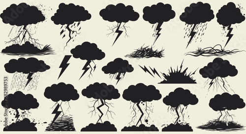 Stormy weather: dramatic thunderclouds with lightning and rain icon set