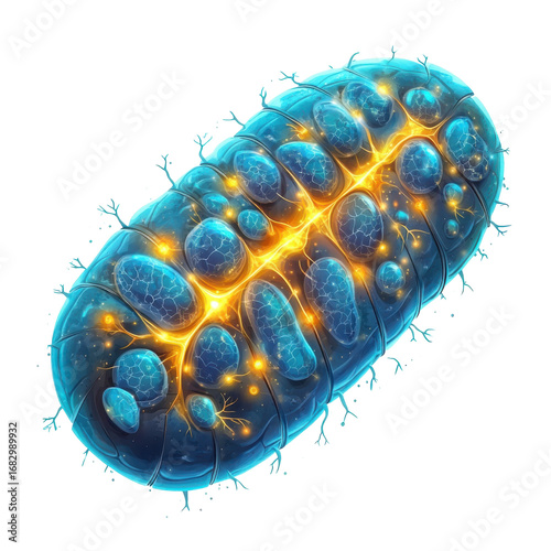 Detailed rendering of a stylized mitochondrion with glowing energy pathways showcasing cellular biology and scientific illustration on transparent background