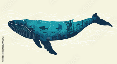Nature within a whale: double exposure with ocean life in silhouette style