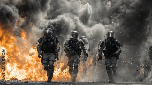 Four armed riot police officers walk with shields in front of a massive explosion and dark, billowing smoke