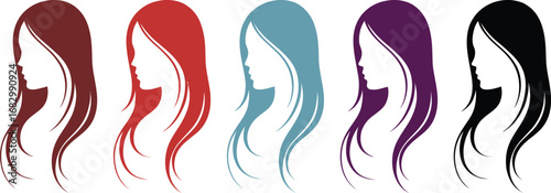 Diverse collection of woman s silhouettes with flowing hair in various colors