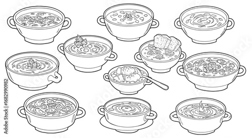 Variety of soup doodle collection in black and white line art style