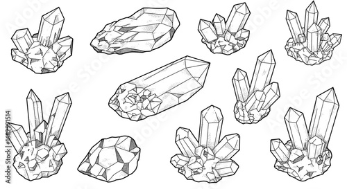 Detailed set of hand-drawn crystal formations with shading