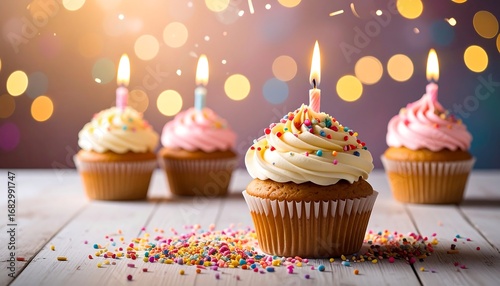 Festive cupcakes with lit candles on a light wooden surface