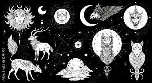 Mystical celestial animals and astrology symbols in intricate black and white design