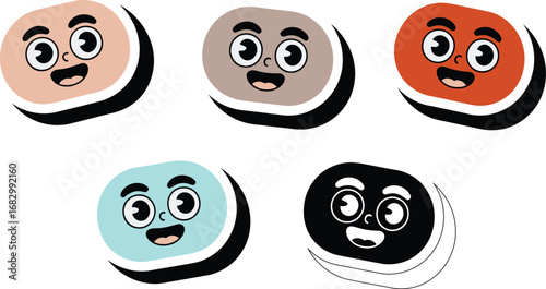 Five cute cartoon cookies with happy faces in different colors