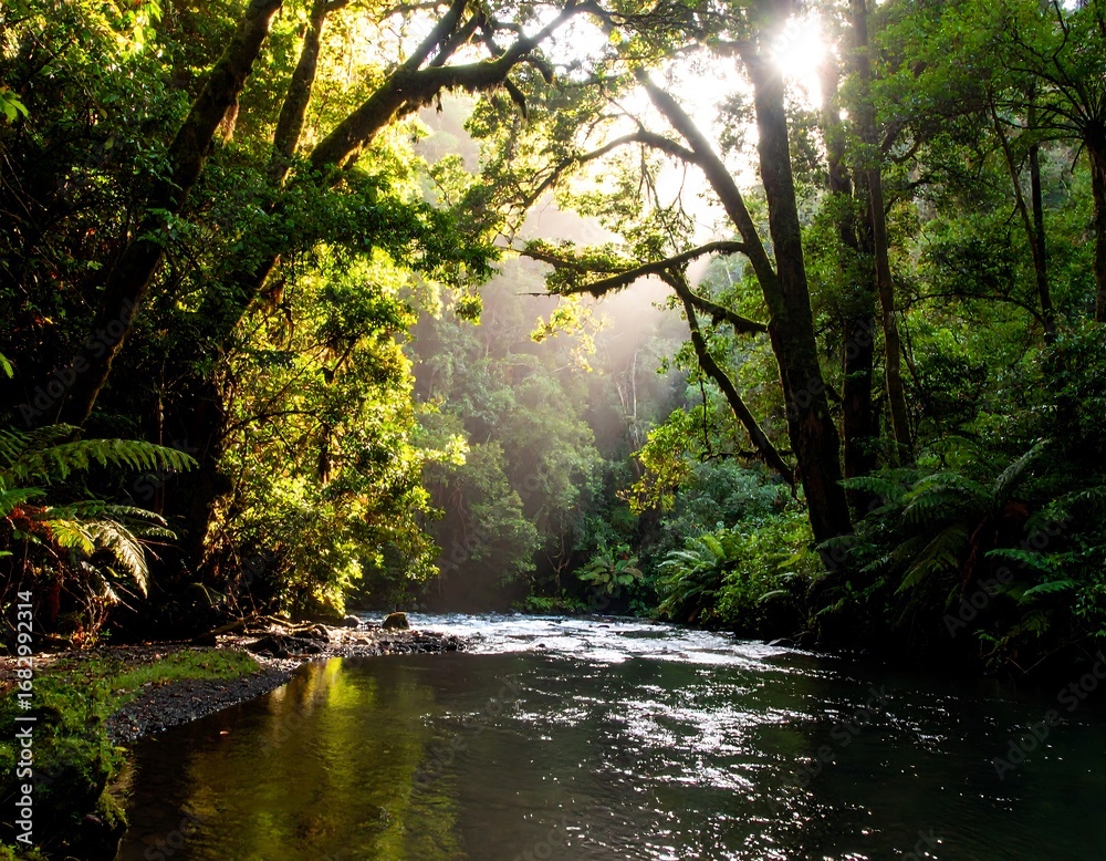 Obraz premium Lush forest river scene at sunrise