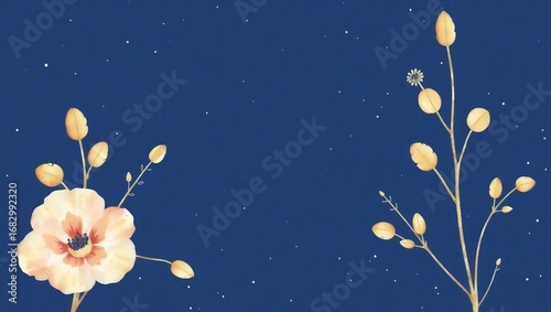 Luxury Watercolor Golden Buds and Leaves on Navy Texture