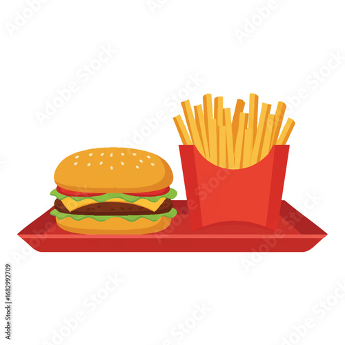 A delightful flat 2D vector illustration features a golden-brown burger and a generous serving of crispy shoestring fries neatly arranged on a vibrant red tray against a clean white background.
