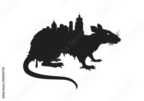 Black silhouette of a rat with a city skyline integrated into its body rodent with Vector Design