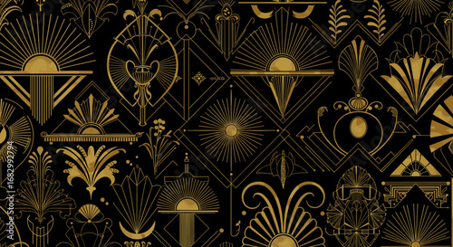 Elegant art deco ornaments on black background with golden linear design