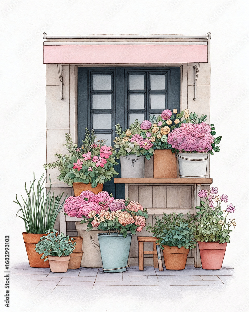 Fototapeta premium Charming Floral Shop Exterior Watercolor Illustration