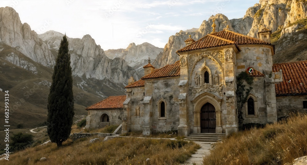 Fototapeta premium Medieval architecture in mountainous landscape with dramatic cliffs and serene nature, perfect for travel and adventure enthusiasts - AI Generated Digital Art